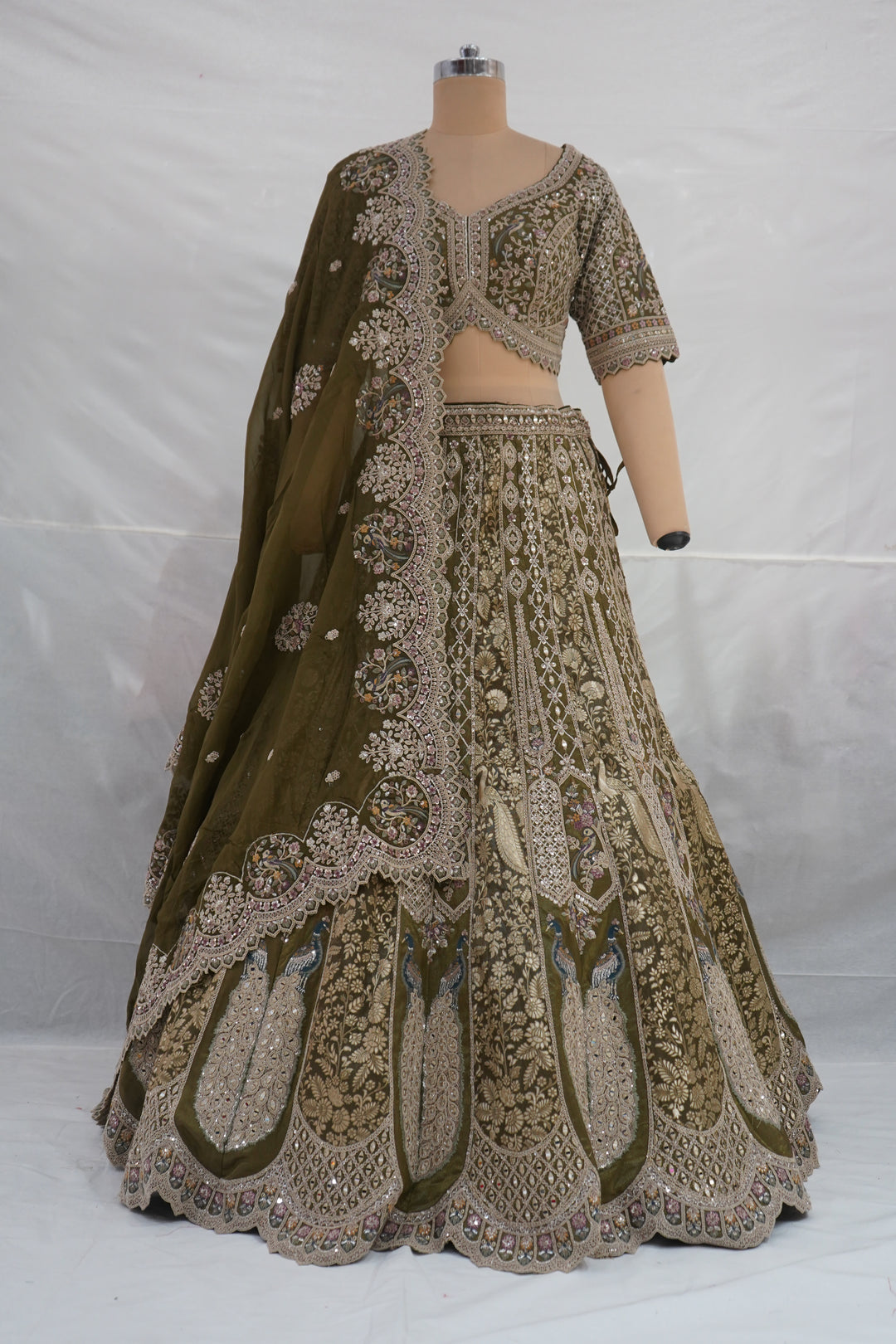 Olive Green Designer Bridal Lehenga Set with Heavy Embroidery & Elegant Dupatta