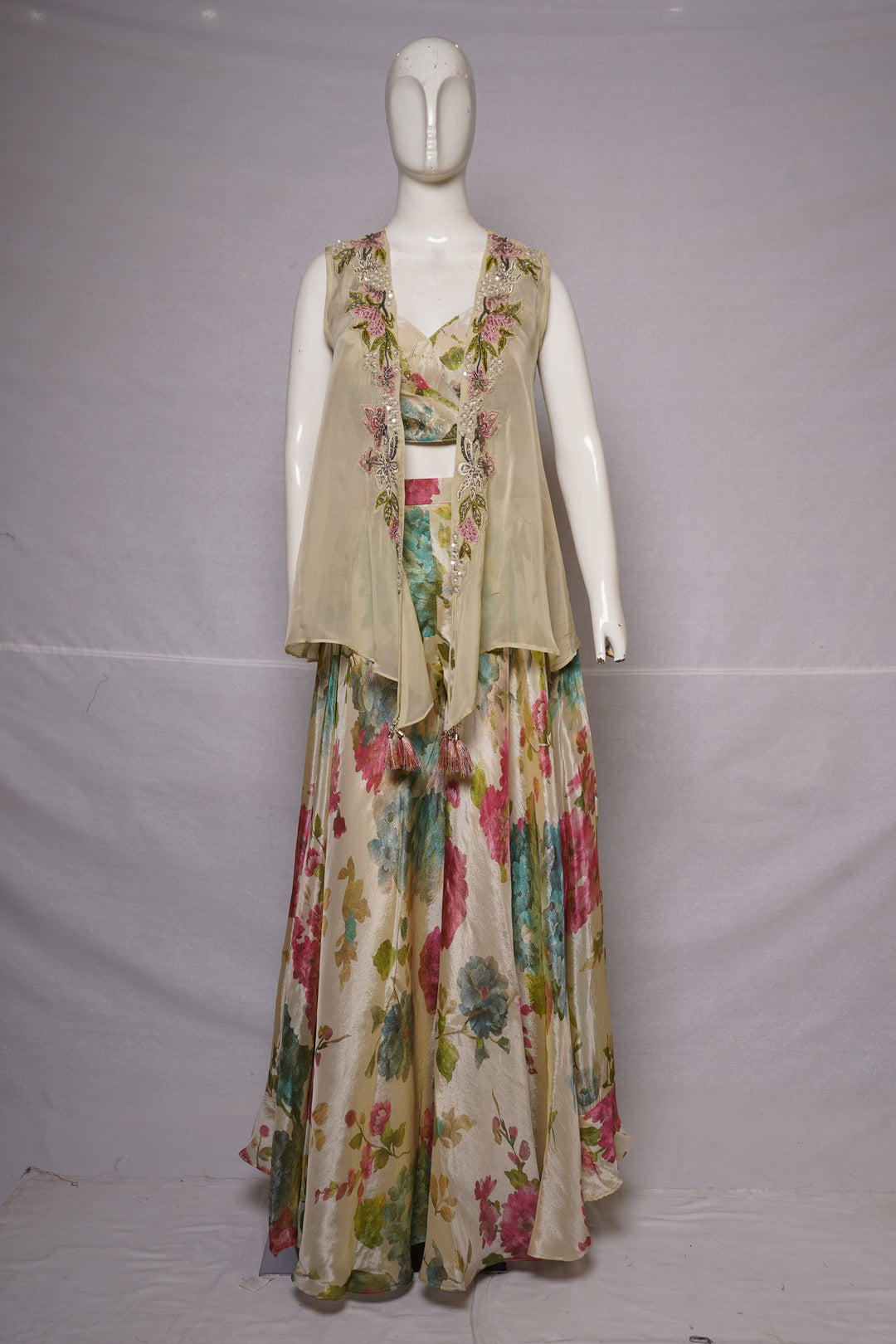 Ivory Floral Print Jacket Style Sharara Set with Crop Top