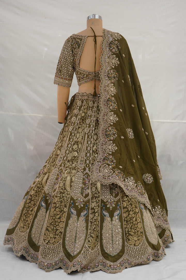 Olive Green Designer Bridal Lehenga Set with Heavy Embroidery & Elegant Dupatta