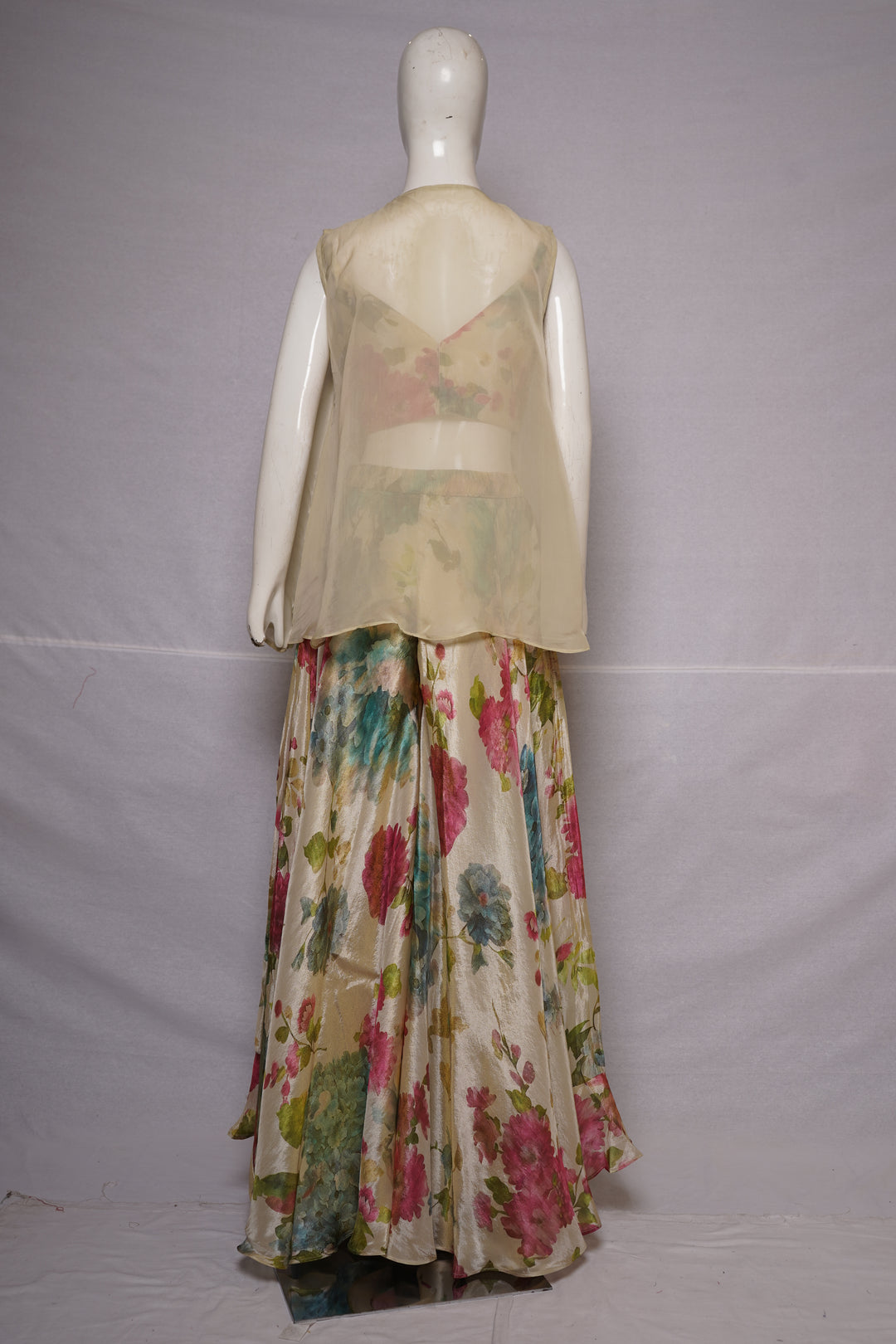 Ivory Floral Print Jacket Style Sharara Set with Crop Top