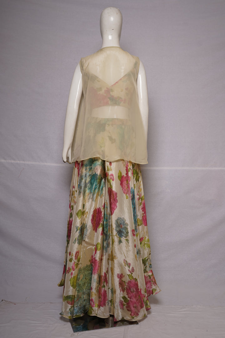 Ivory Floral Print Jacket Style Sharara Set with Crop Top