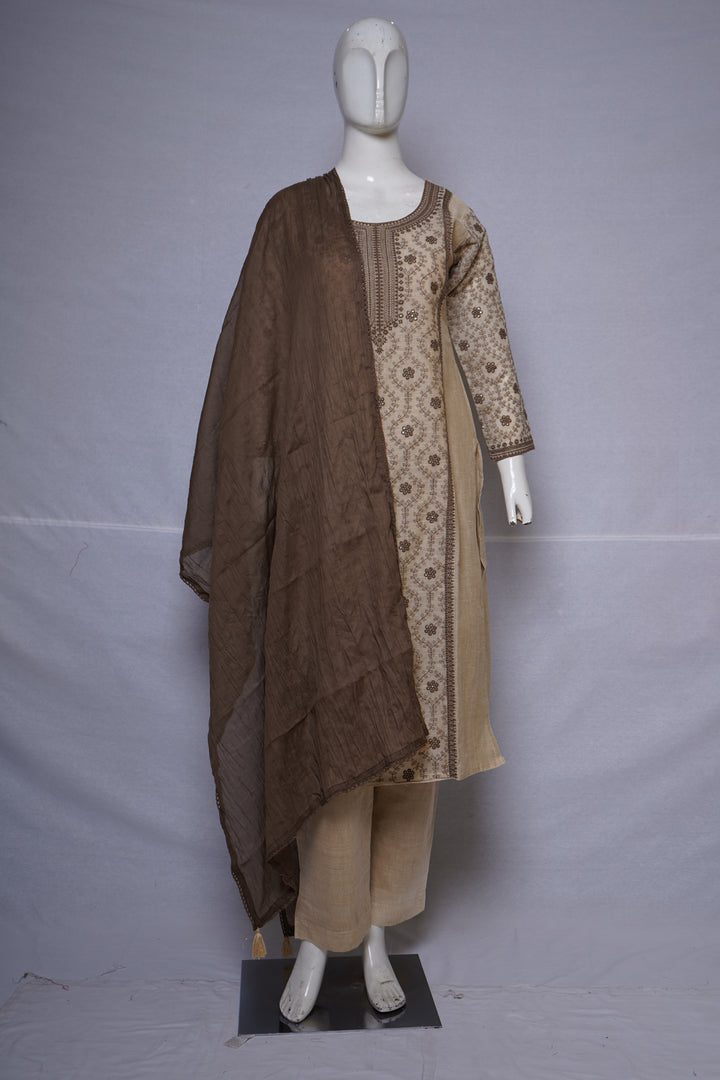 Taupe Paisley Embroidered Straight Kurta Set with Dupatta