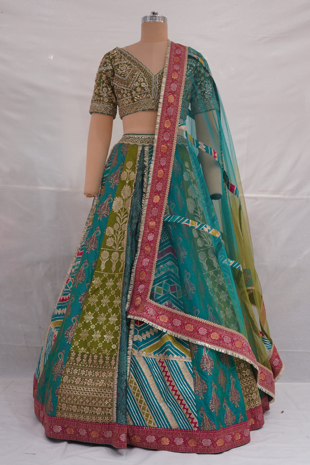 Turquoise Multicolor Designer Lehenga Set with Embroidered Blouse & Contrast Dupatta