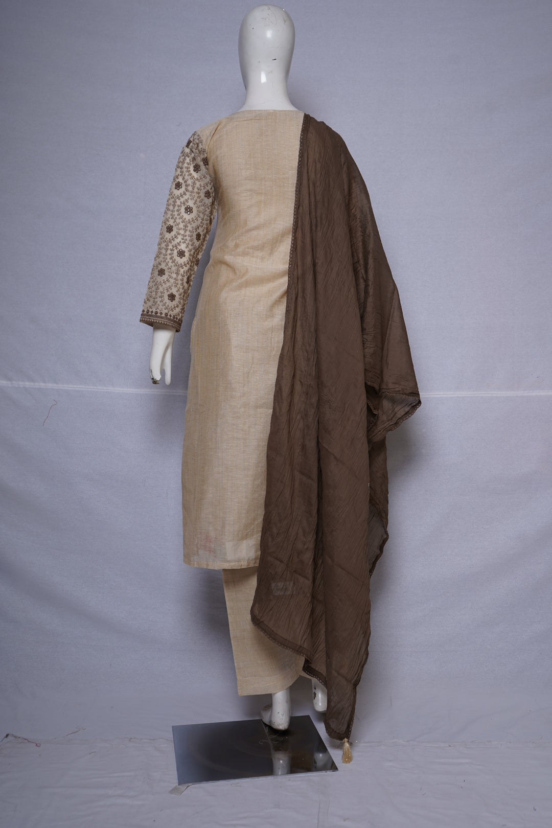 Taupe Paisley Embroidered Straight Kurta Set with Dupatta