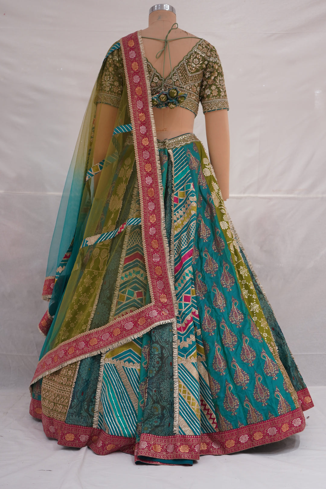 Turquoise Multicolor Designer Lehenga Set with Embroidered Blouse & Contrast Dupatta