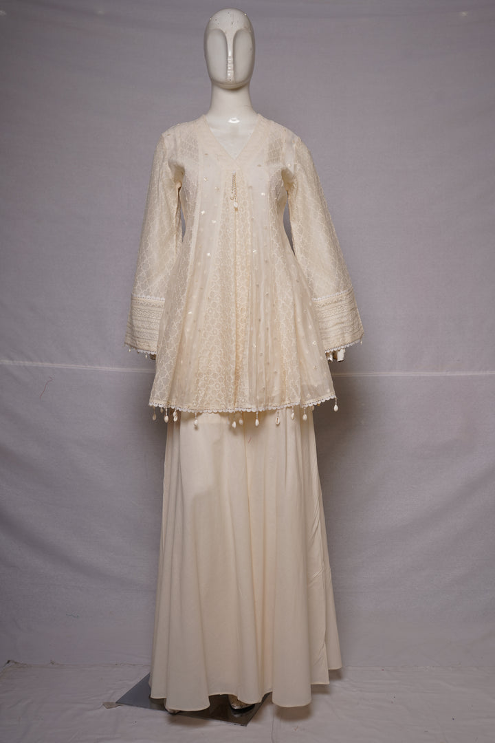 Ivory Embroidered Peplum Kurta Sharara Set