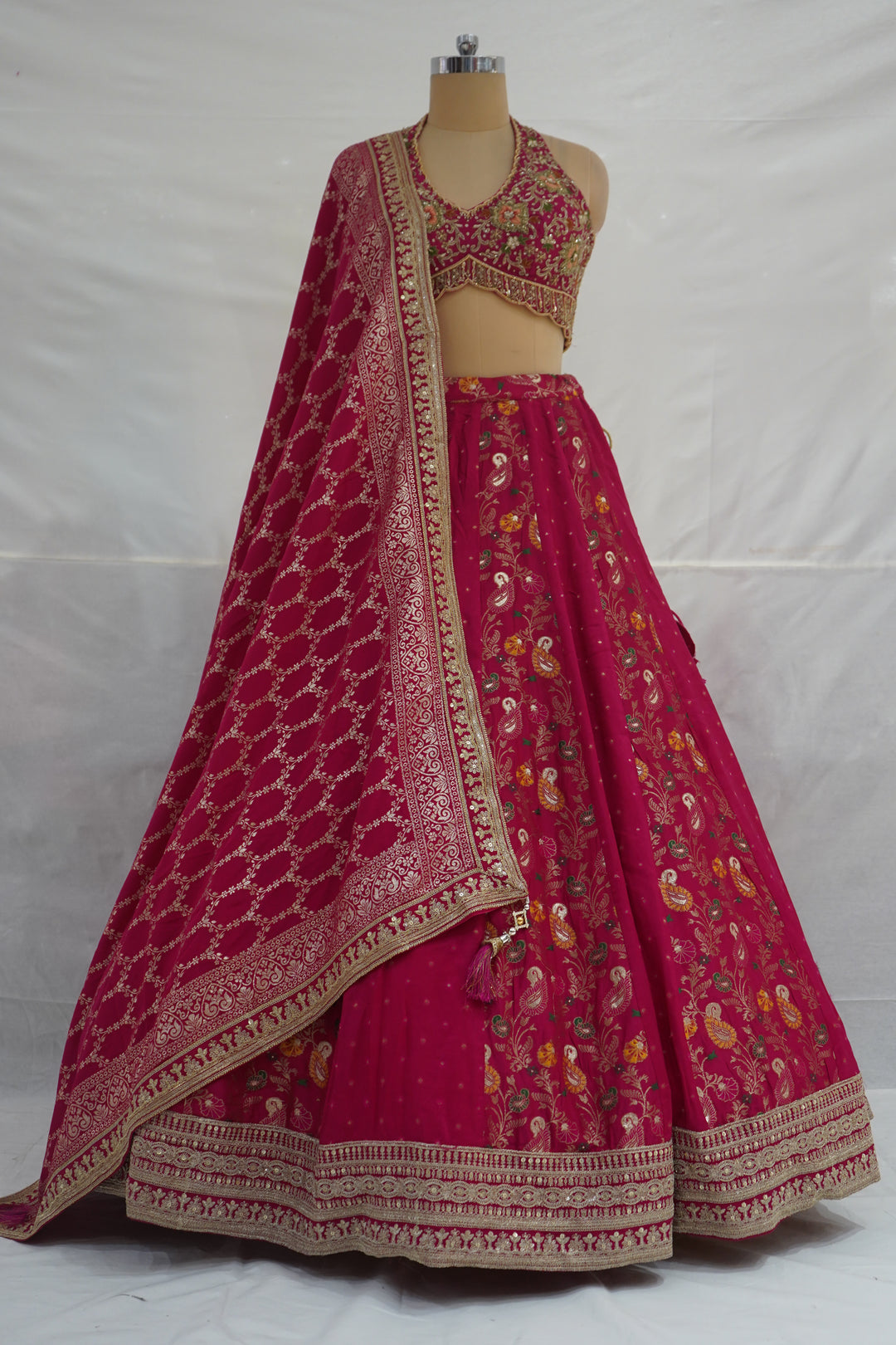 Rani Pink Embroidered Lehenga Set with Halter Neck Designer Blouse & Dupatta