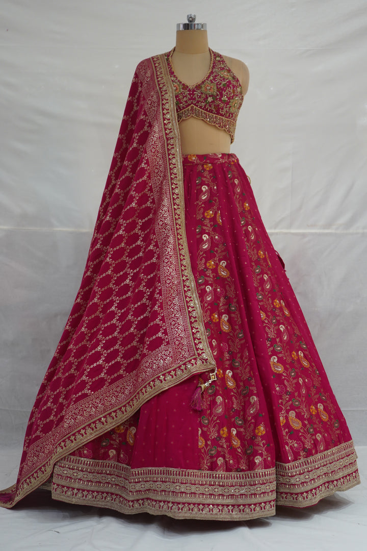 Rani Pink Embroidered Lehenga Set with Halter Neck Designer Blouse & Dupatta