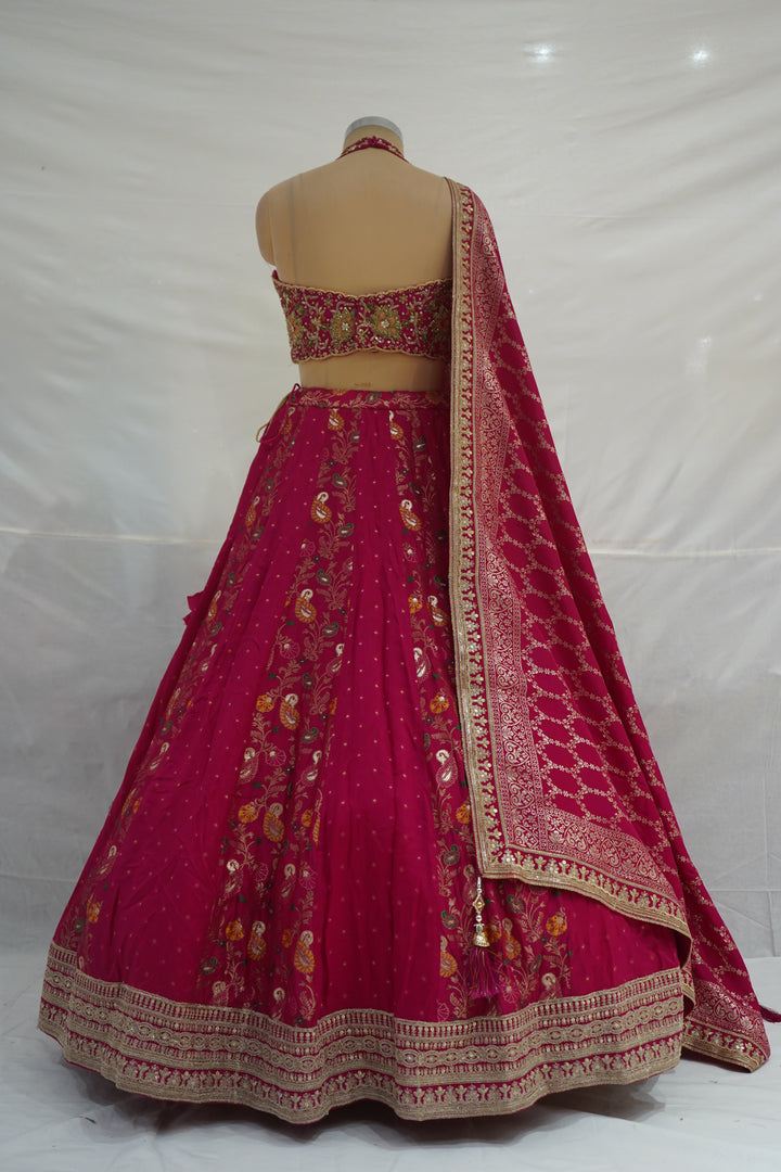Rani Pink Embroidered Lehenga Set with Halter Neck Designer Blouse & Dupatta