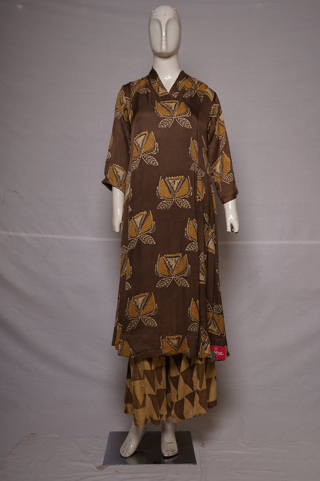 Brown Printed A-Line Kurta Set with Palazzo
