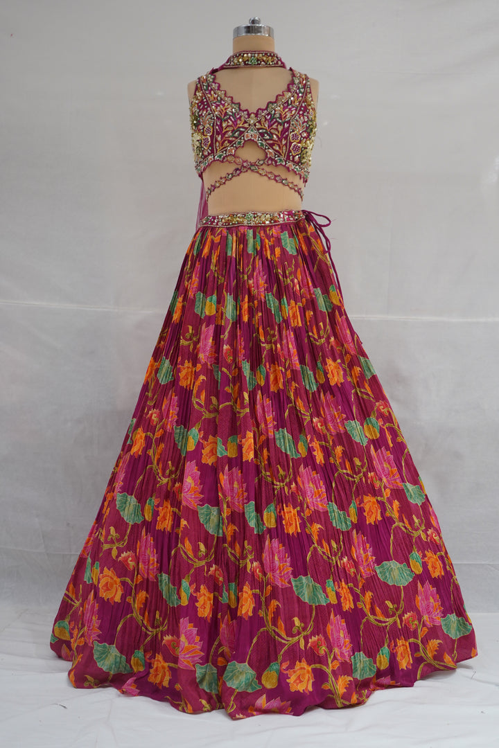 Wine Floral Printed Designer Lehenga Set with Embellished Blouse & Net Dupatta