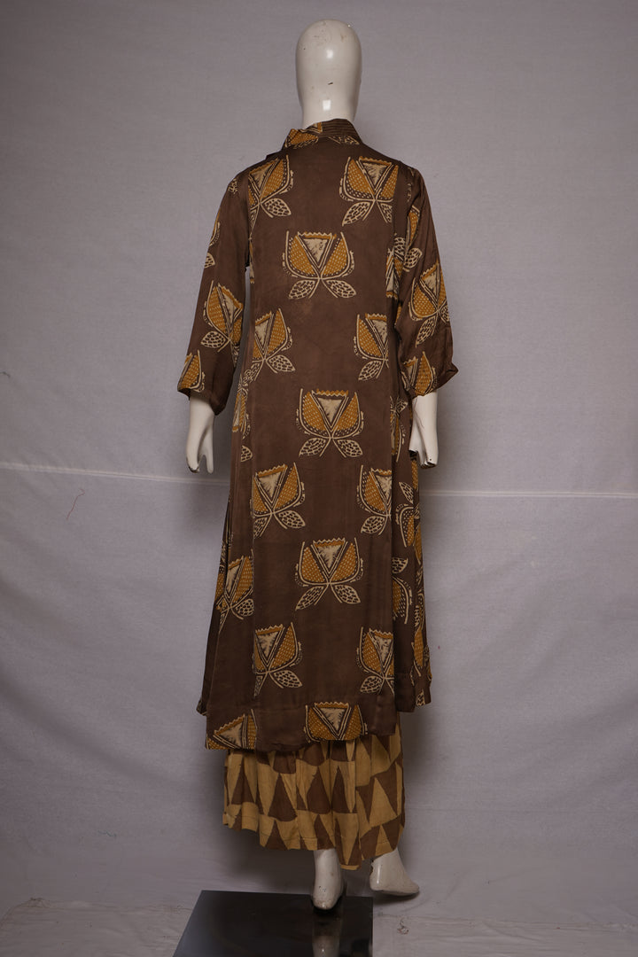 Brown Printed A-Line Kurta Set with Palazzo