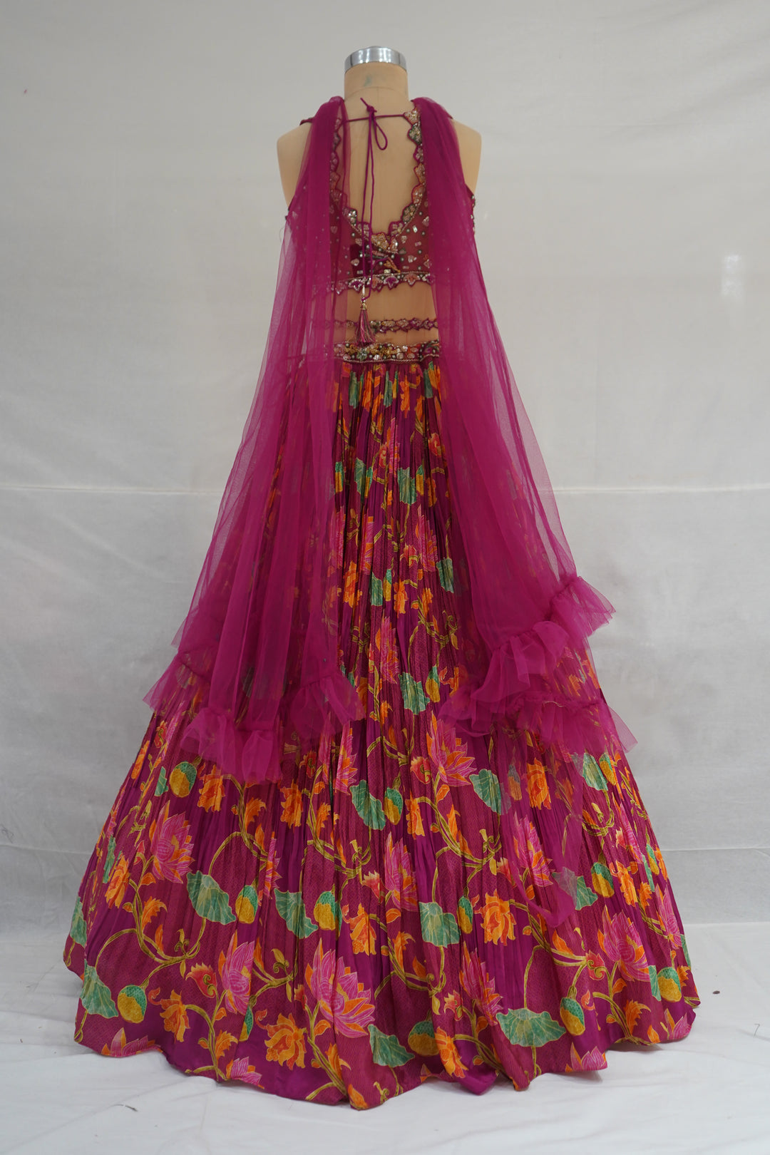 Wine Floral Printed Designer Lehenga Set with Embellished Blouse & Net Dupatta