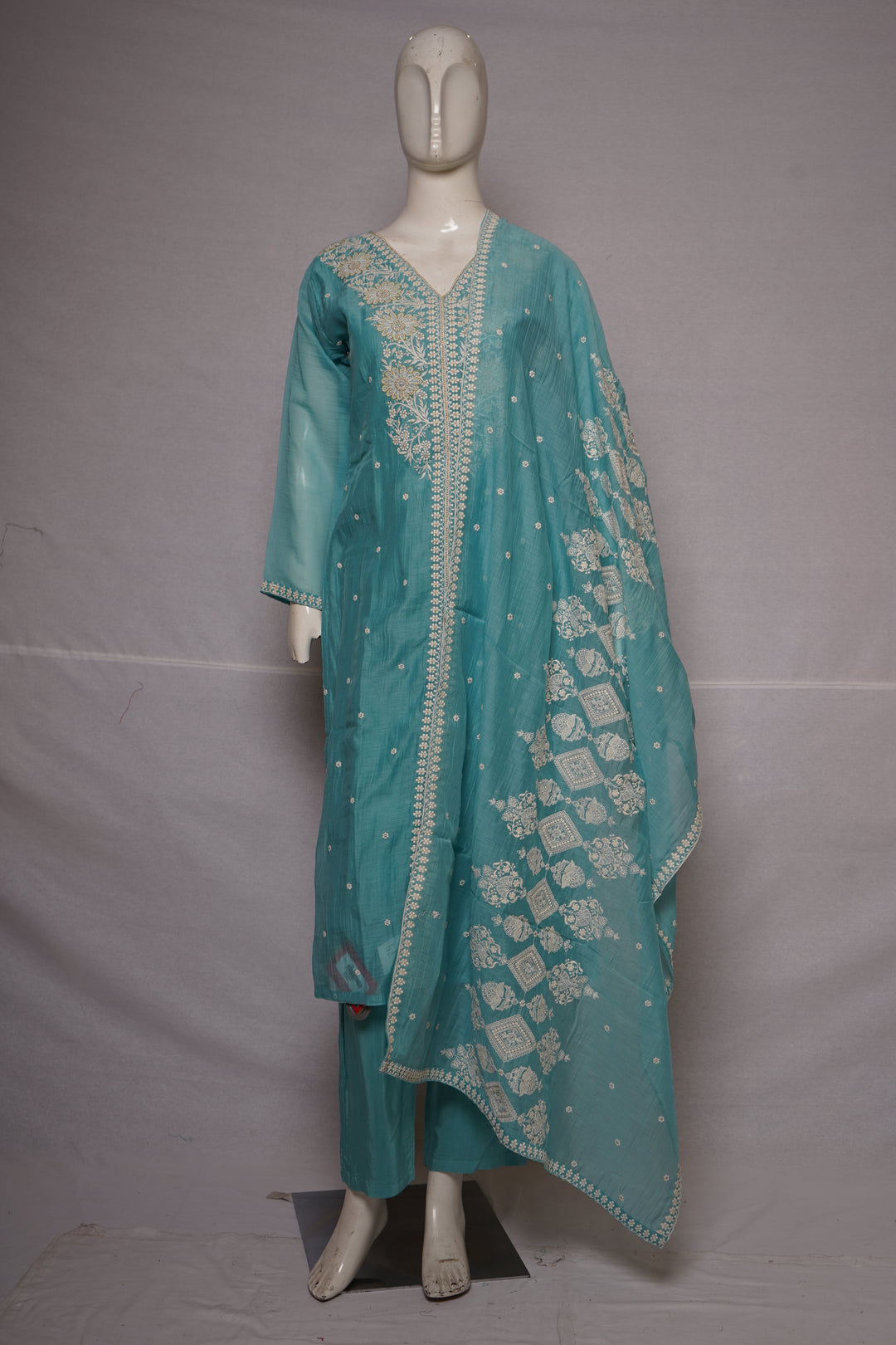 Sky Blue Embroidered Straight Kurta Set with Dupatta