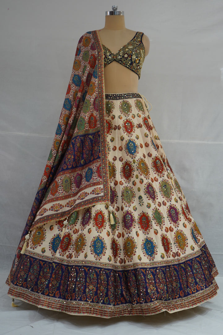 Ivory Multicolor Printed Designer Lehenga Set with Embroidered Blouse & Dupatta