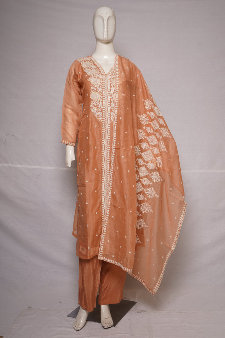 Peach Embroidered Straight Kurta Set with Matching Pants & Dupatta