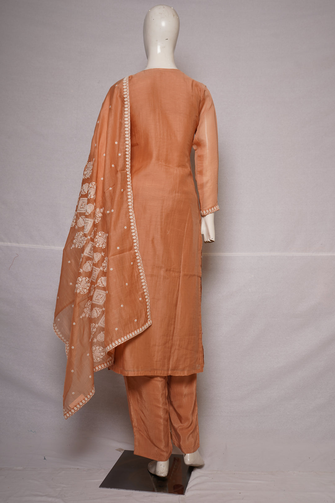Peach Embroidered Straight Kurta Set with Matching Pants & Dupatta