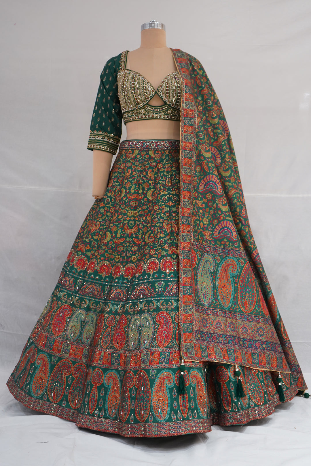 Emerald Green Paisley Printed Designer Lehenga Set with Embellished Blouse & Dupatta