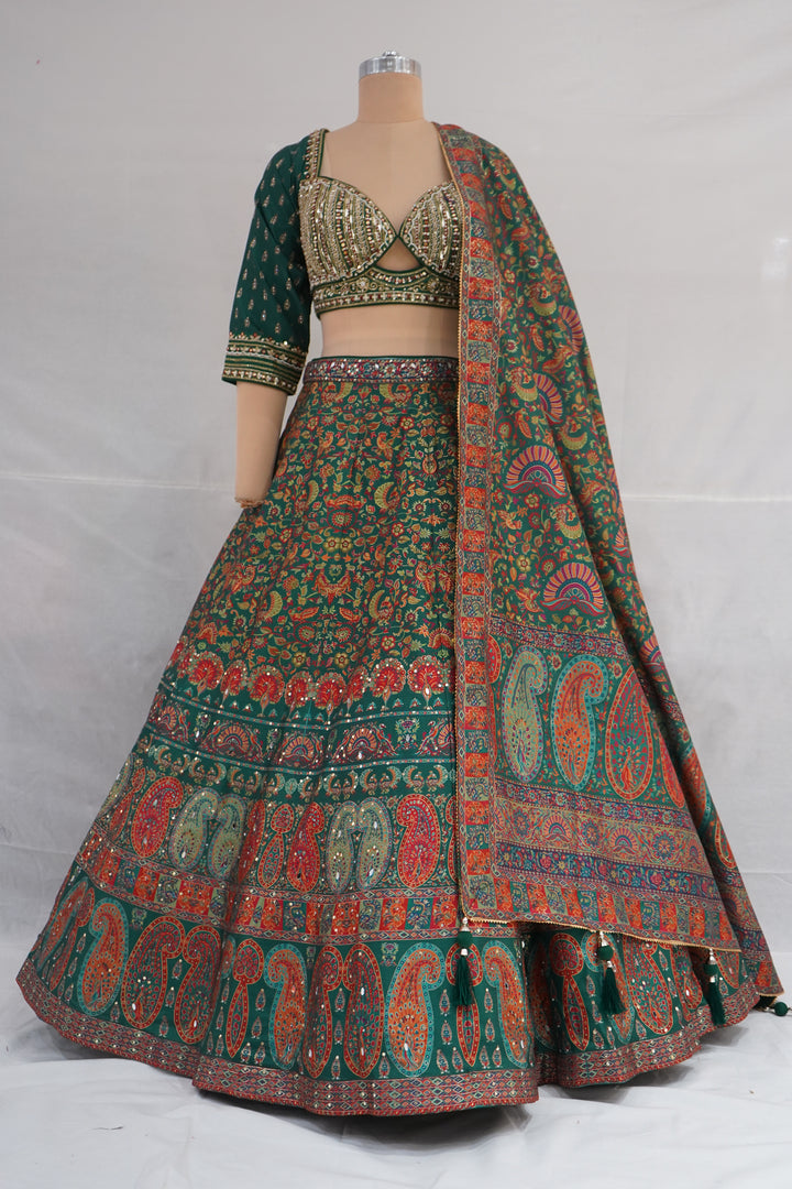 Emerald Green Paisley Printed Designer Lehenga Set with Embellished Blouse & Dupatta