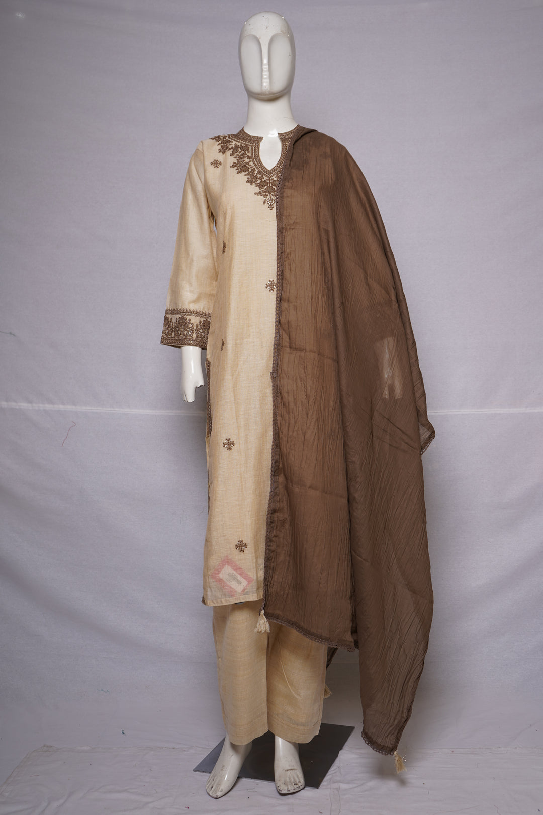 Ivory Embroidered Straight Kurta Set with Brown Dupatta
