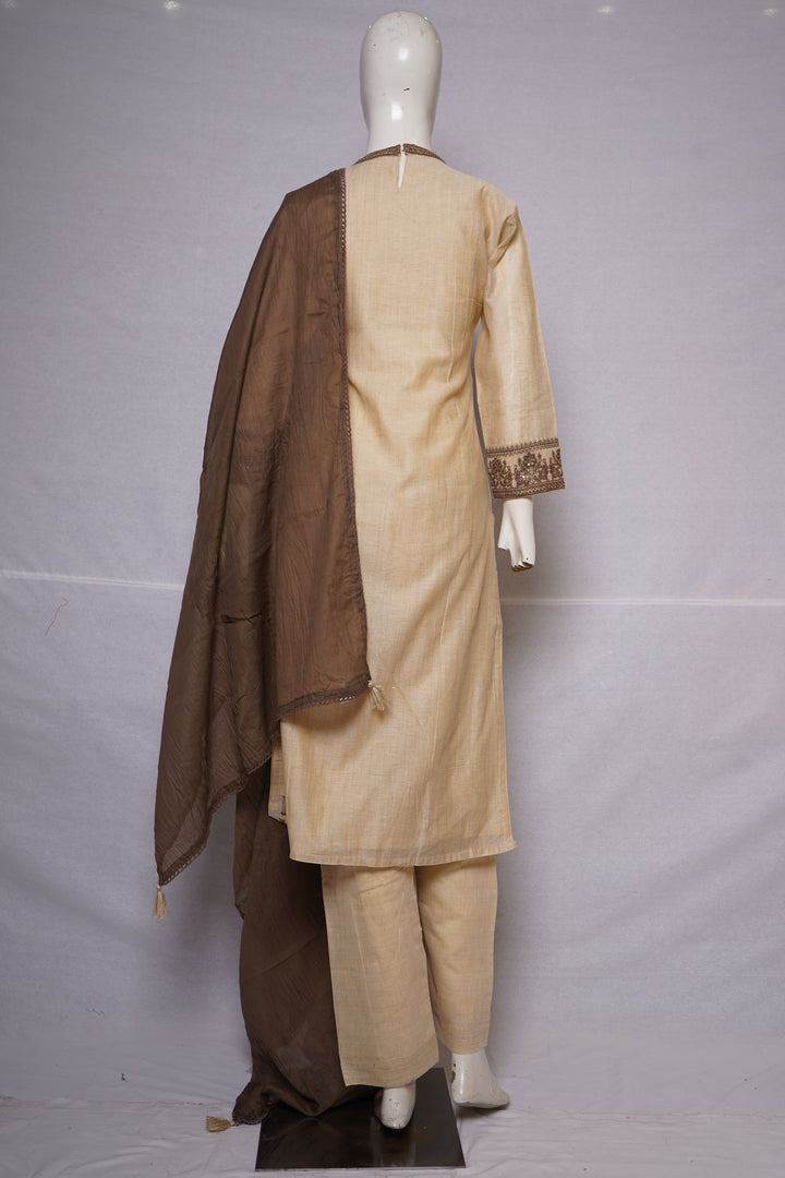 Ivory Embroidered Straight Kurta Set with Brown Dupatta