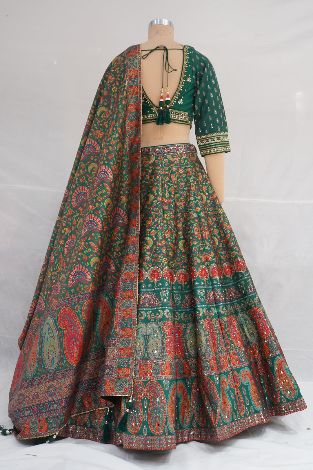 Emerald Green Paisley Printed Designer Lehenga Set with Embellished Blouse & Dupatta