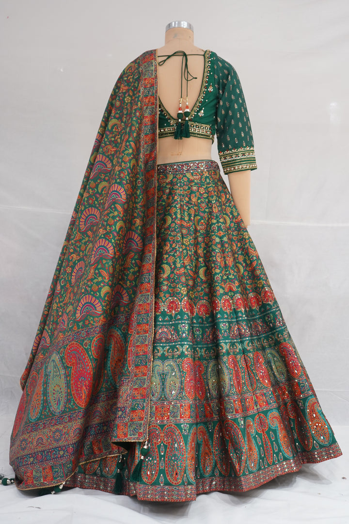 Emerald Green Paisley Printed Designer Lehenga Set with Embellished Blouse & Dupatta