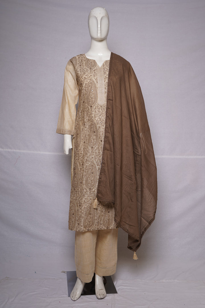 Ivory Embroidered Straight Kurta Set with Brown Dupatta
