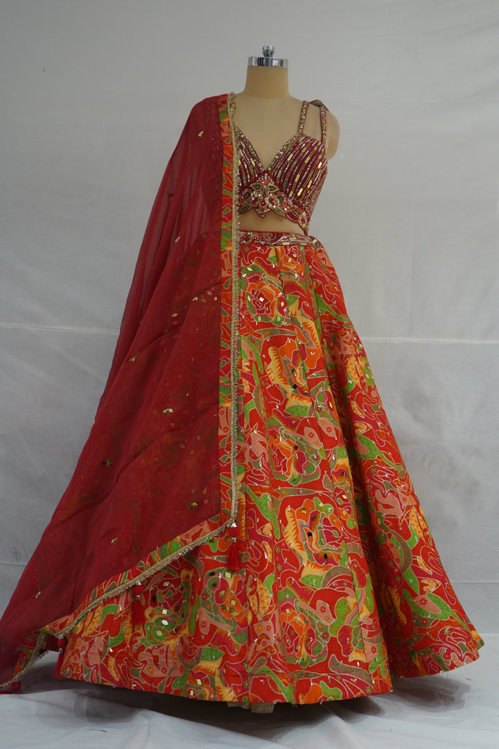 Red Multicolor Abstract Printed Designer Lehenga Set with Embellished Blouse & Net Dupatta