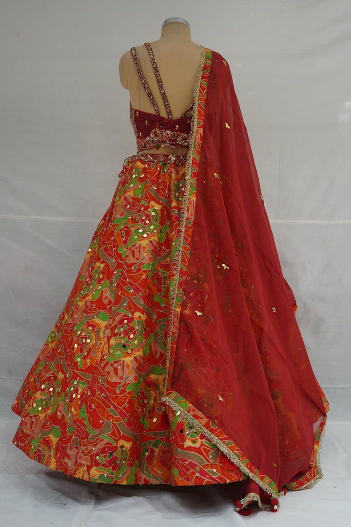 Red Multicolor Abstract Printed Designer Lehenga Set with Embellished Blouse & Net Dupatta