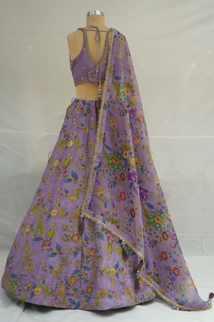 Lavender Floral Embroidered Designer Lehenga Choli with Printed Organza Dupatta