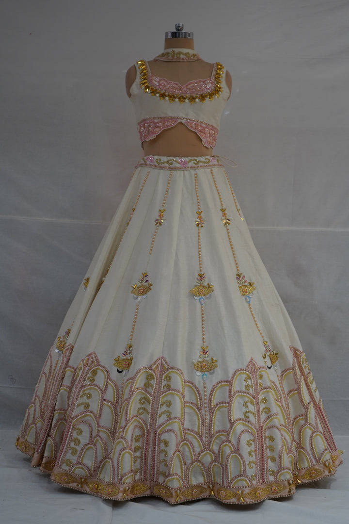 Ivory Blush Pink Embroidered Designer Lehenga Choli with Net Dupatta