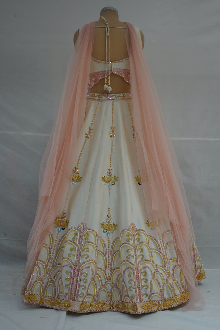 Ivory Blush Pink Embroidered Designer Lehenga Choli with Net Dupatta
