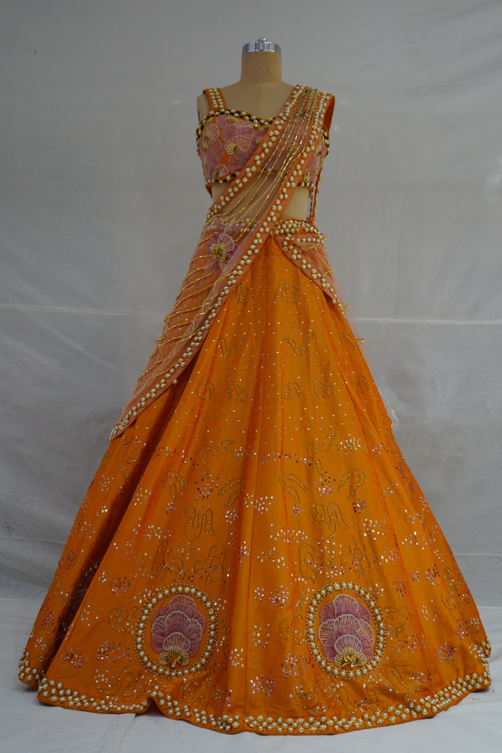 Sunset Orange & Blush Pink Embroidered Designer Lehenga Choli with Net Dupatta