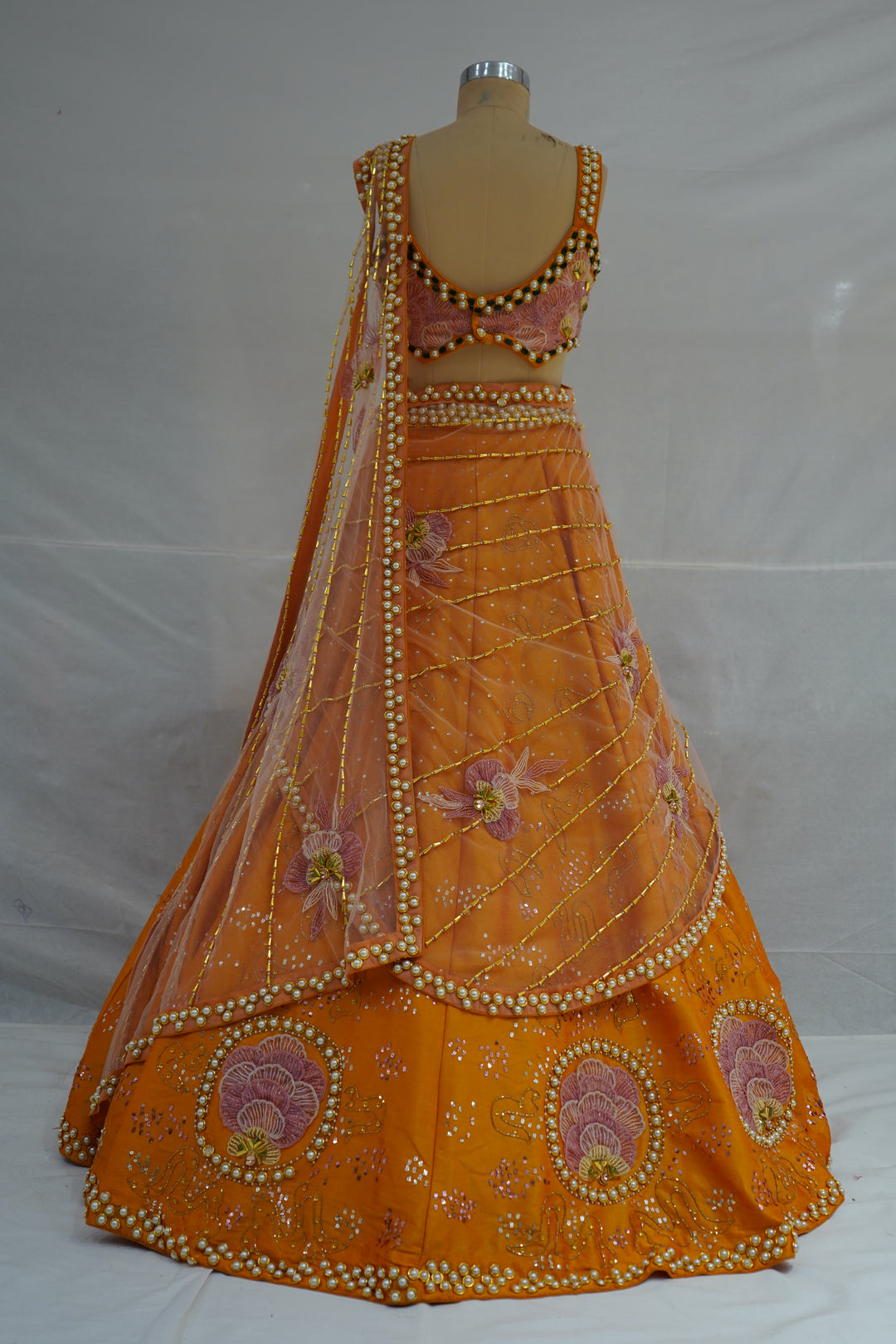 Sunset Orange & Blush Pink Embroidered Designer Lehenga Choli with Net Dupatta