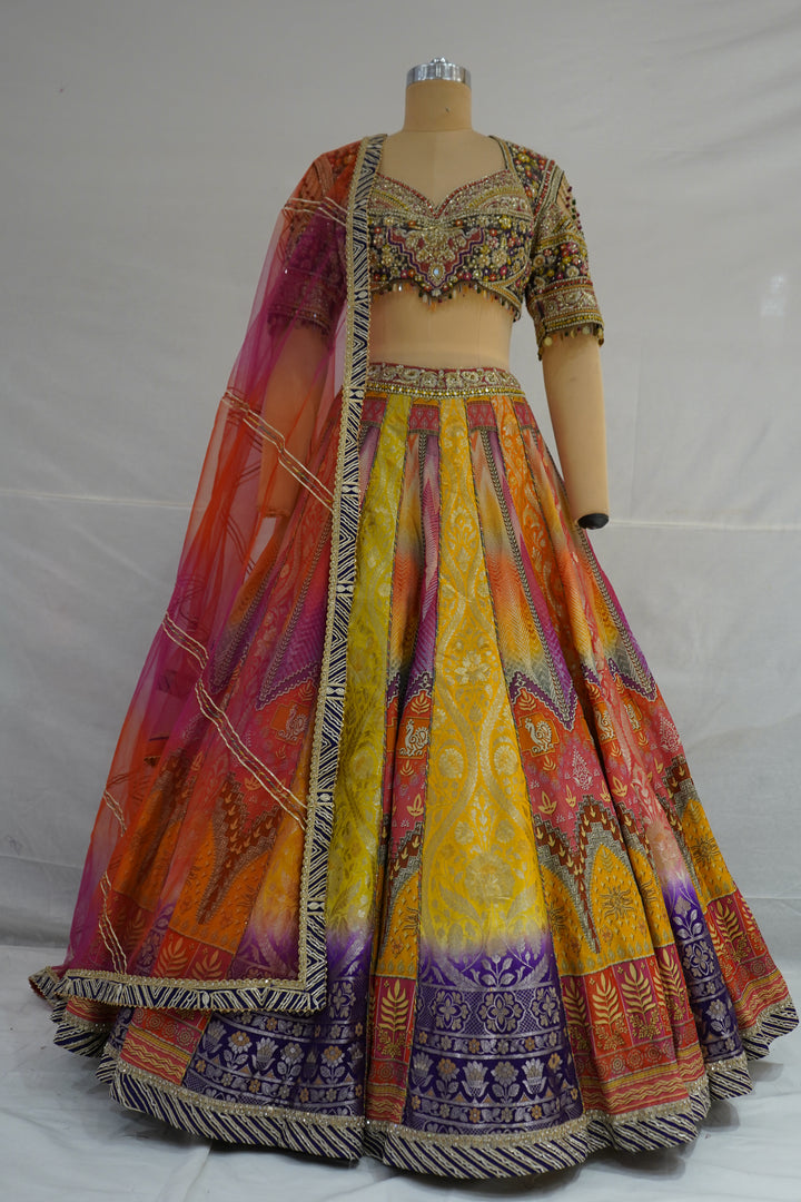 Multicolour Woven Designer Lehenga Choli with Heavy Embroidered Blouse & Pink Net Dupatta