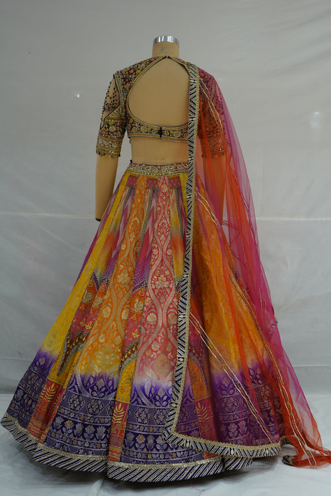 Multicolour Woven Designer Lehenga Choli with Heavy Embroidered Blouse & Pink Net Dupatta