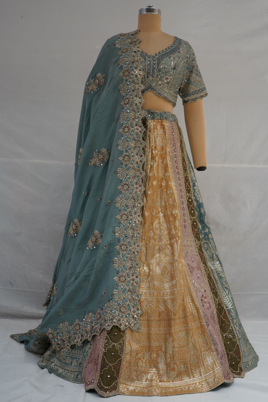 Teal Green & Antique Gold Banarasi Designer Lehenga Choli with Embroidered Dupatta