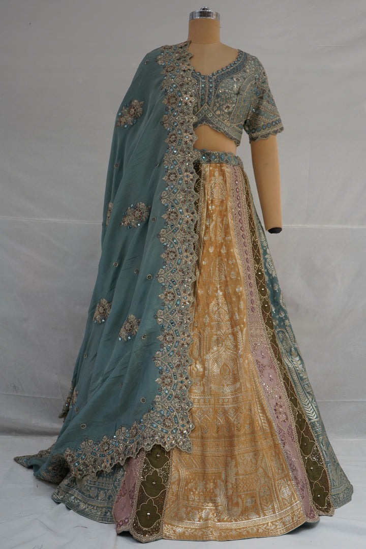Teal Green & Antique Gold Banarasi Designer Lehenga Choli with Embroidered Dupatta