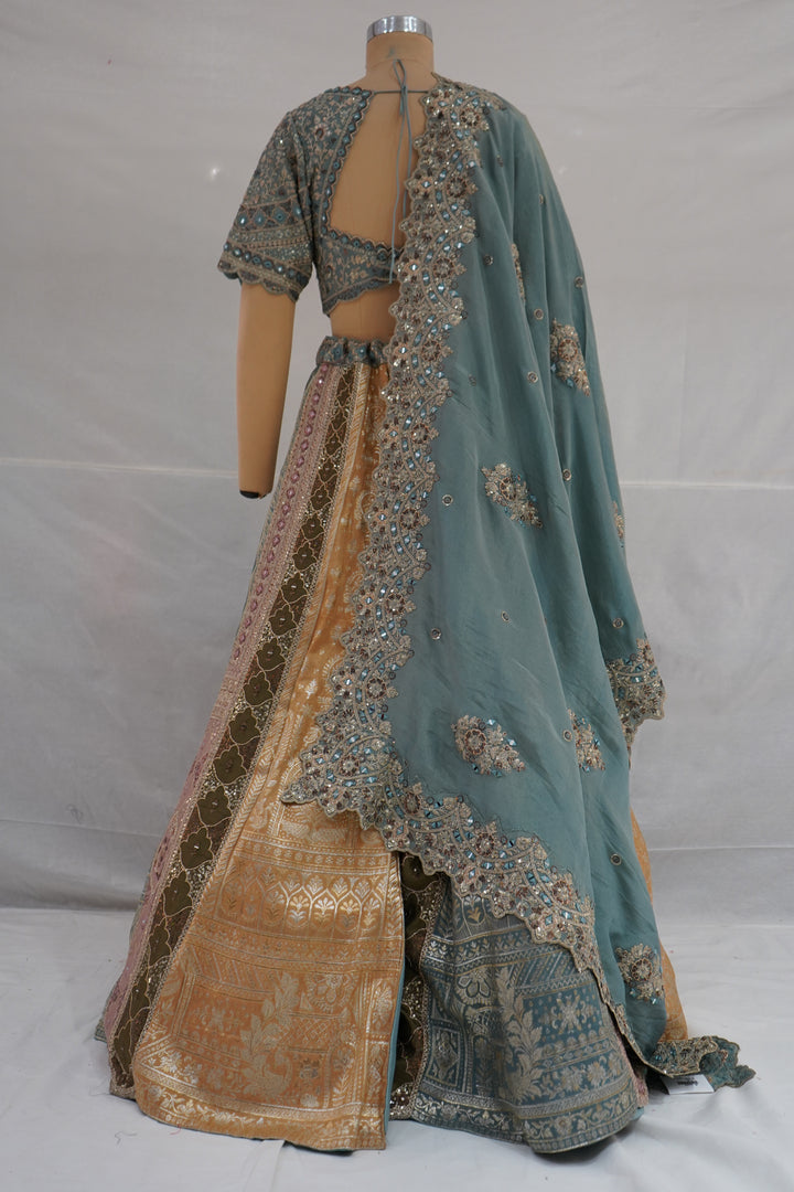 Teal Green & Antique Gold Banarasi Designer Lehenga Choli with Embroidered Dupatta