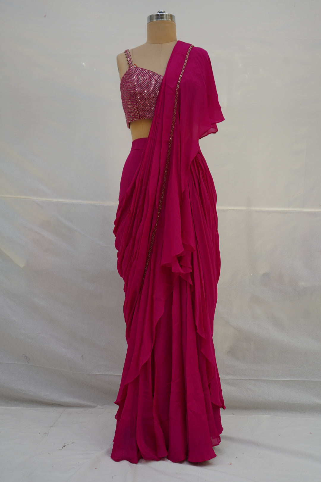 Hot Pink Ruffle Drape Designer Saree with Embellished Blouse