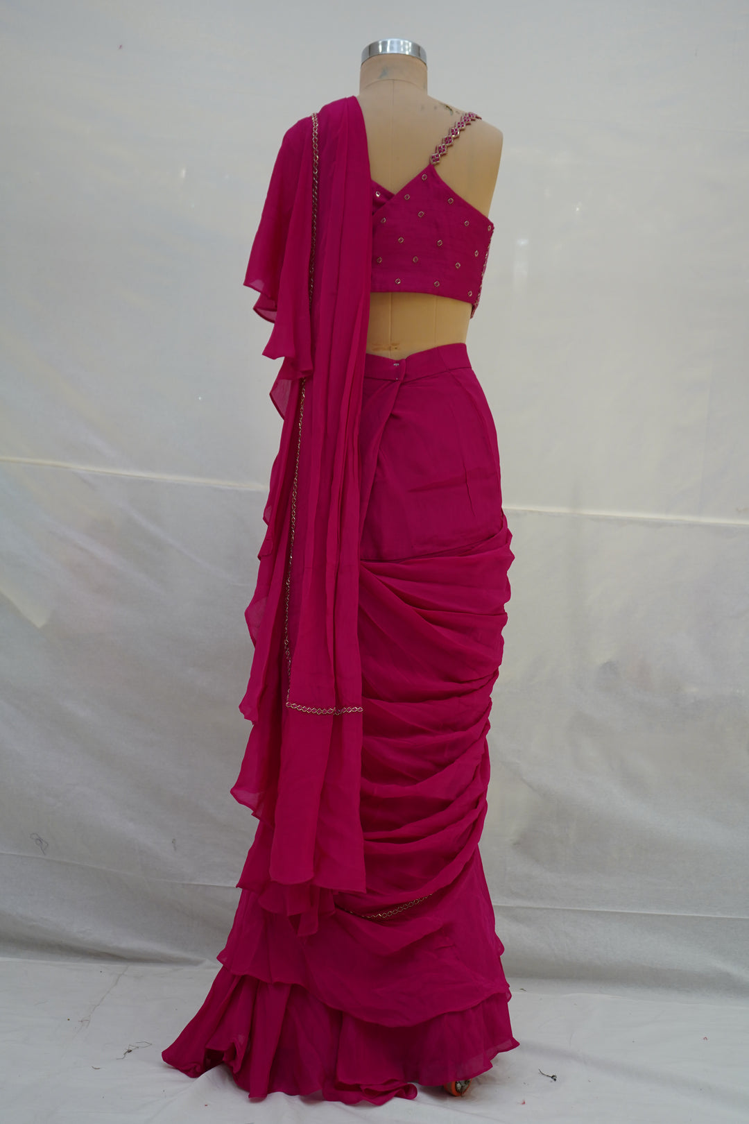 Hot Pink Ruffle Drape Designer Saree with Embellished Blouse