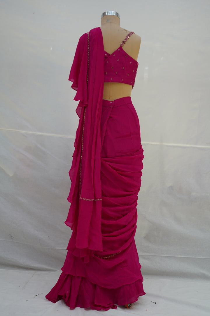 Hot Pink Ruffle Drape Designer Saree with Embellished Blouse