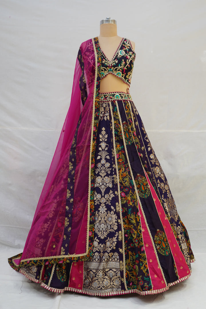 Royal Purple Multicolour Panelled Designer Lehenga Choli with Embroidered Blouse