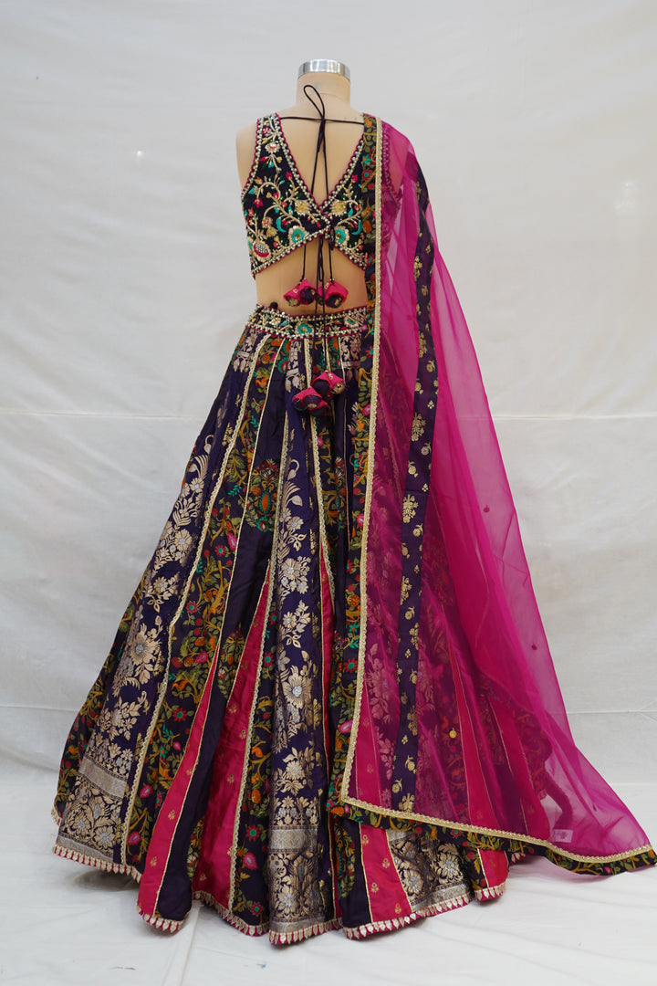 Royal Purple Multicolour Panelled Designer Lehenga Choli with Embroidered Blouse