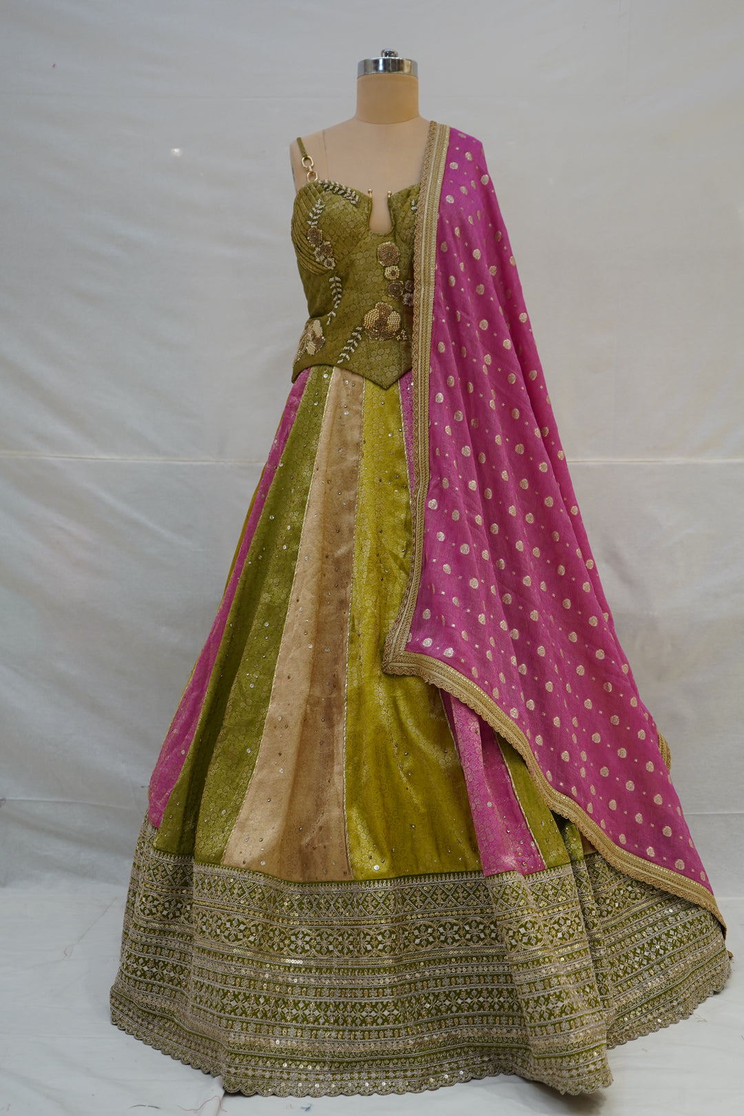 Olive Green & Pink Panelled Designer Lehenga Choli with Embroidered Blouse
