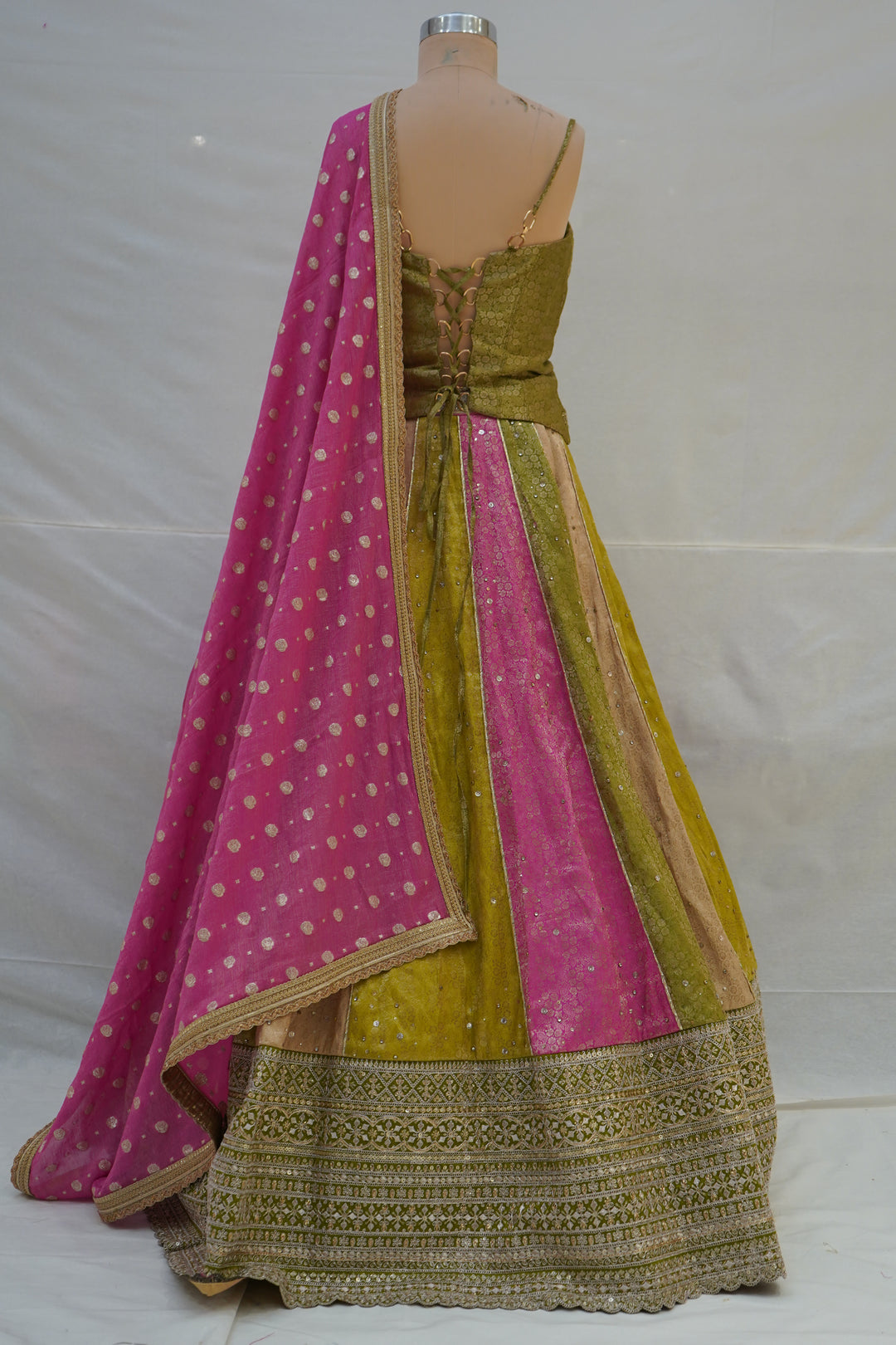 Olive Green & Pink Panelled Designer Lehenga Choli with Embroidered Blouse