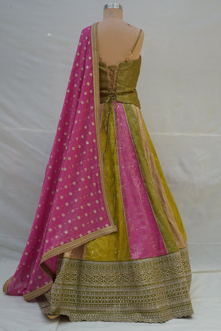 Olive Green & Pink Panelled Designer Lehenga Choli with Embroidered Blouse