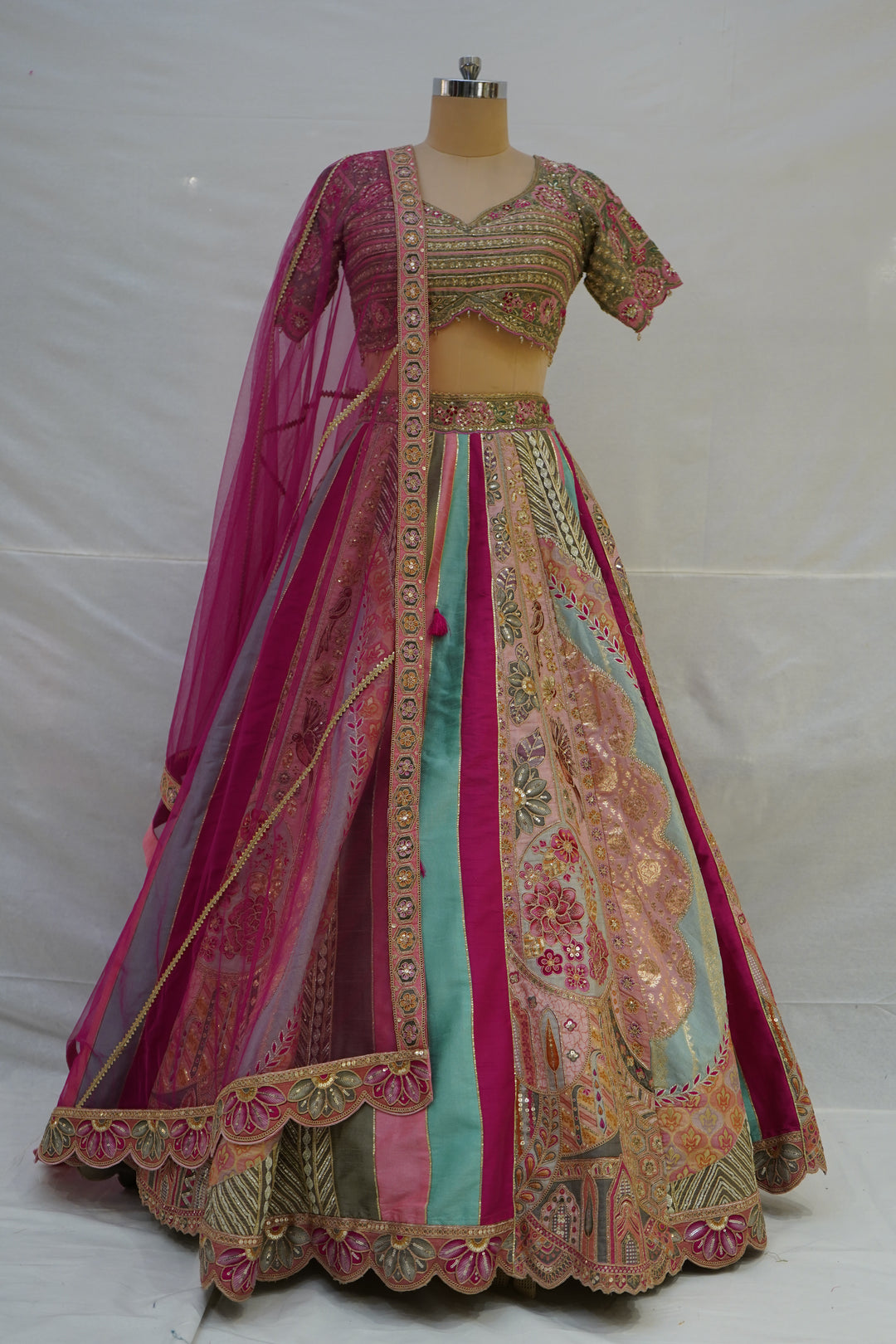 Multicolour Pastel Panelled Designer Lehenga Choli with Embroidered Blouse & Pink Net Dupatta