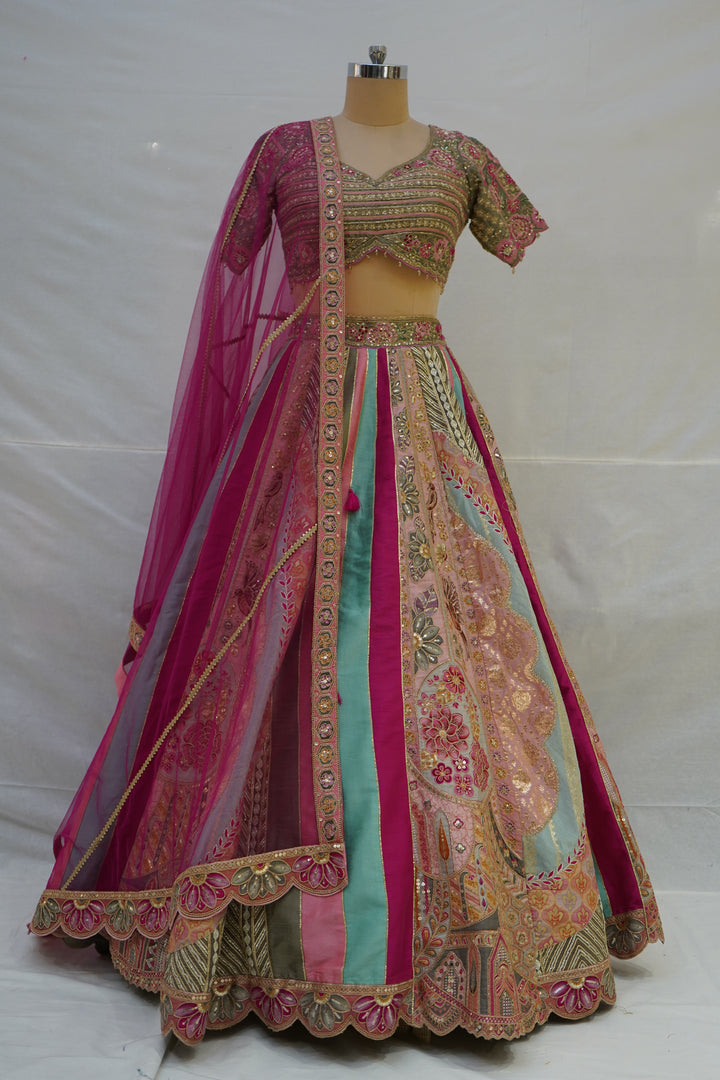 Multicolour Pastel Panelled Designer Lehenga Choli with Embroidered Blouse & Pink Net Dupatta